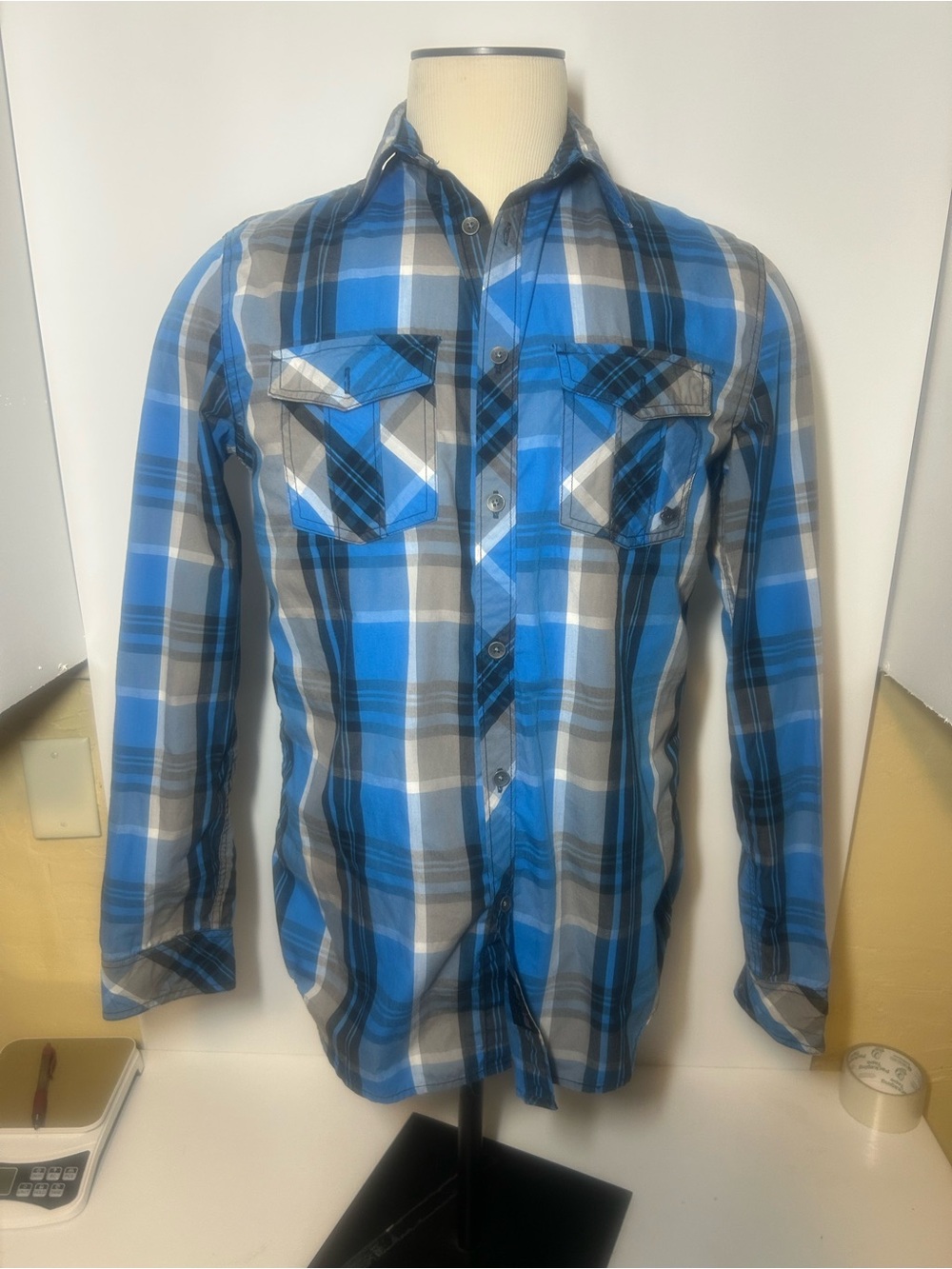 Fox Racinf Blue Plaid Long-Sleeve Button-Up Shirt